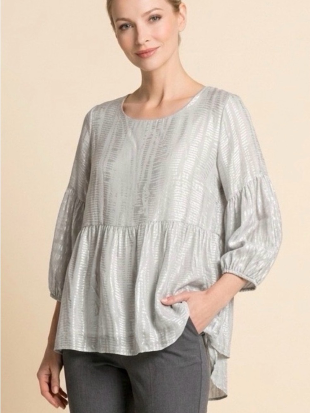Tempo Paris Silver-Grey and Pale Sage Silk Peasant Tunic
